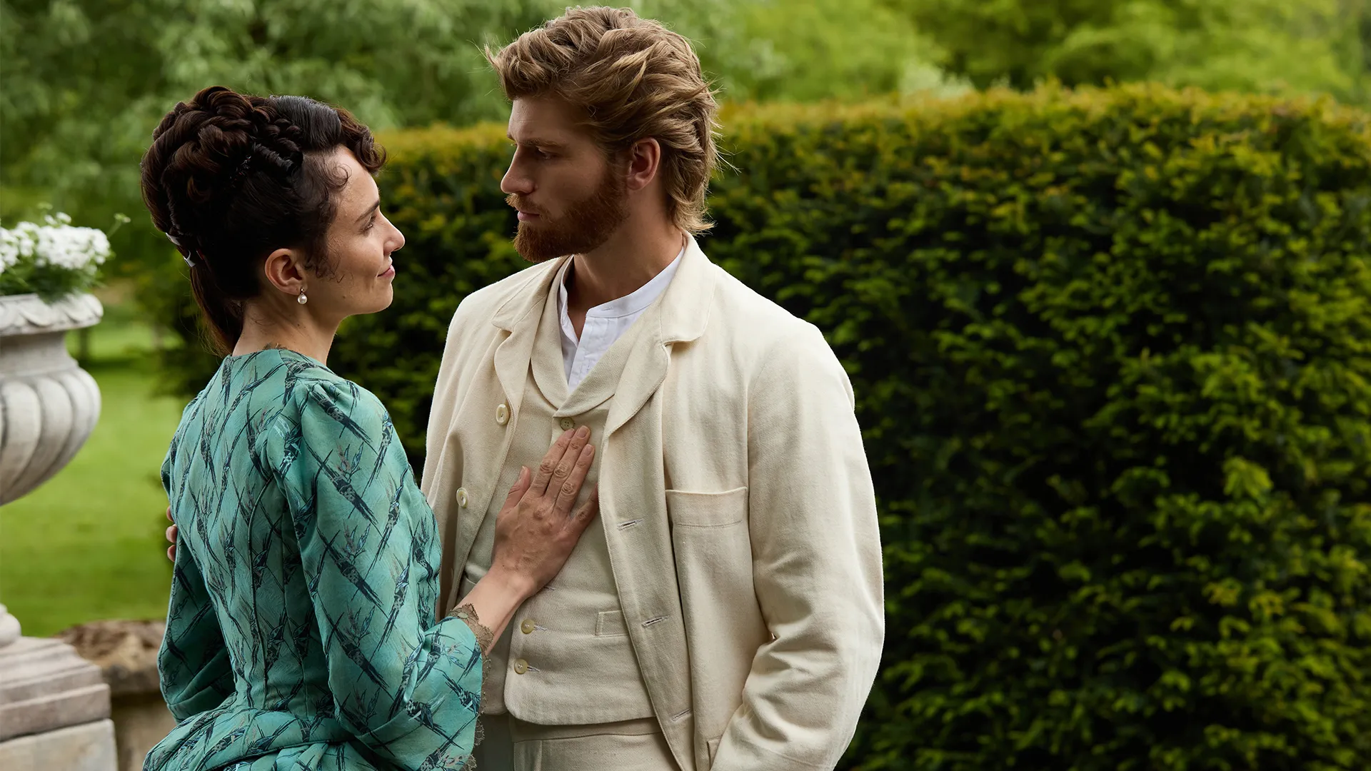 Tuppence Middleton as Frances Forsyte and Danny Griffin as Jolyon Forsyte in The Forsytes on MASTERPIECE on PBS.