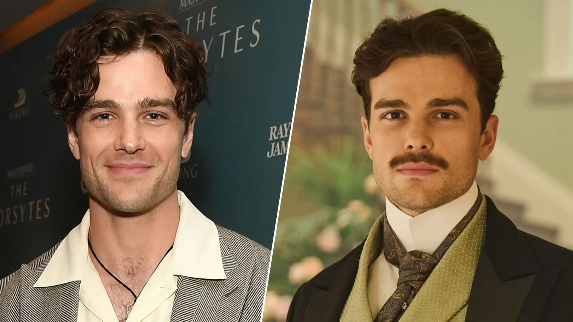 A split image: on the left, actor Joshua Orpin smiling posed in front of a "The Forsytes" background. On the right, his character Soames, in Victorian clothing, looking intently at the camera.