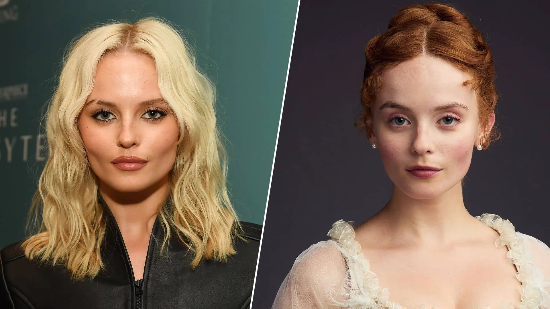 A split image: on the left, (a very blond) Millie Gibson poses for a portrait in front of a "The Forsytes" background. On the right, her character Irene, with her red hair in a Victorian up-do
