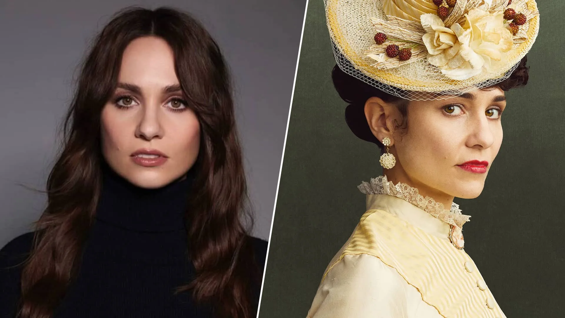 A split image with a headshot of actor Tuppence Middleton on the left and a headshot of her Forsytes character Frances, in Victorian costume with an elaborate hat, on the right