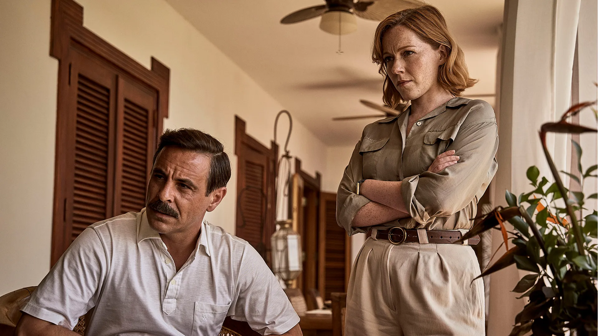 Emun Elliott and Charlotte Spencer in The Gold Season 2 on MASTERPIECE on PBS.
