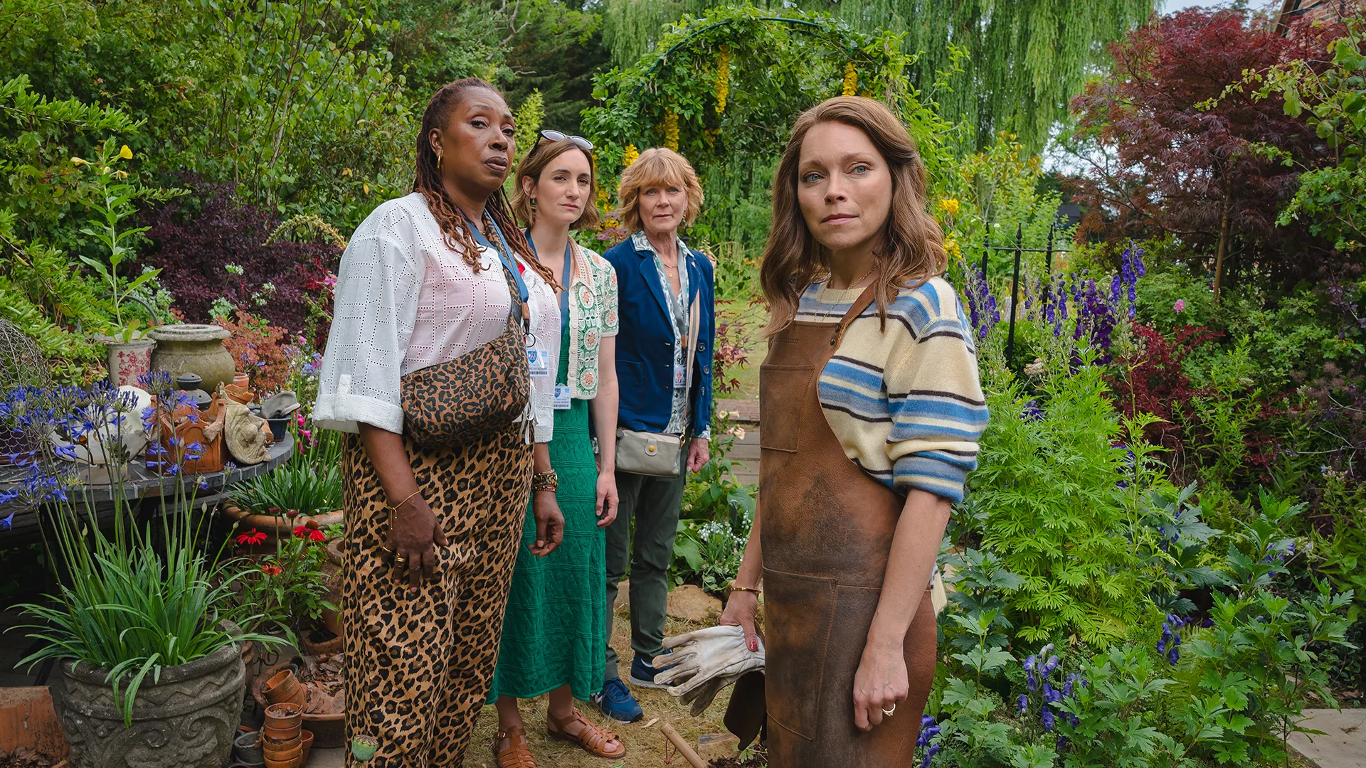 Jo Martin, Cara Horgan, Samantha Bond, and Sarah Alexander in The Marlow Murder Club Season 3 on MASTERPIECE on PBS.