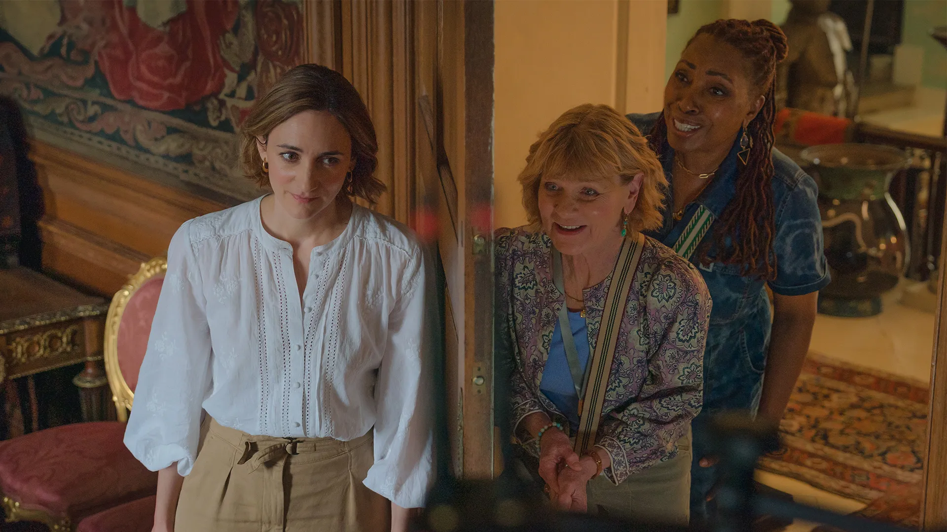 Cara Horgan, Samantha Bond, and Jo Martin in The Marlow Murder Club Season 3 on MASTERPIECE on PBS.