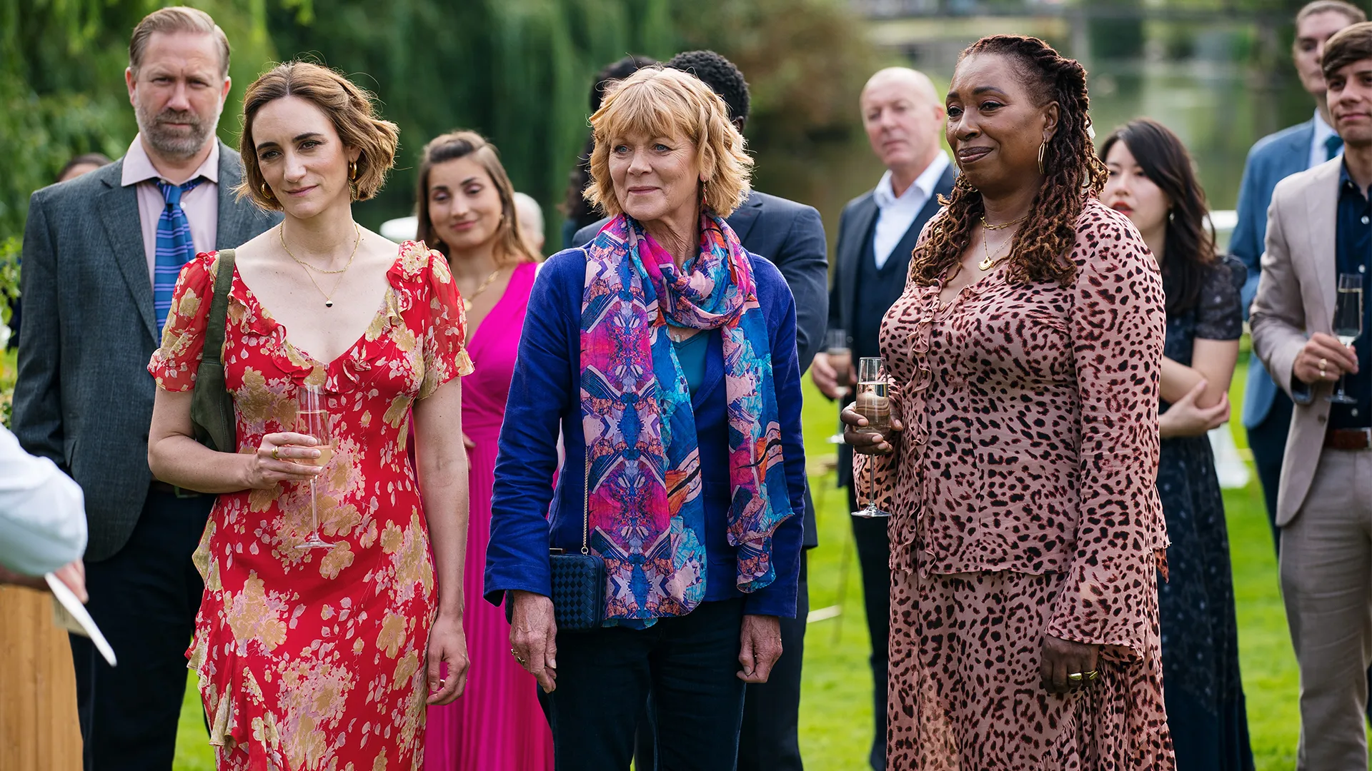 Cara Horgan, Samantha Bond, and Jo Martin in The Marlow Murder Club Season 3 on MASTERPIECE on PBS.