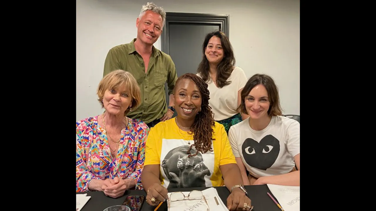 Robert Thorogood, Natalie Dew, Samantha Bond, Jo Martin and Cara Horgan at the read through for The Marlow Murder Club Season 4.