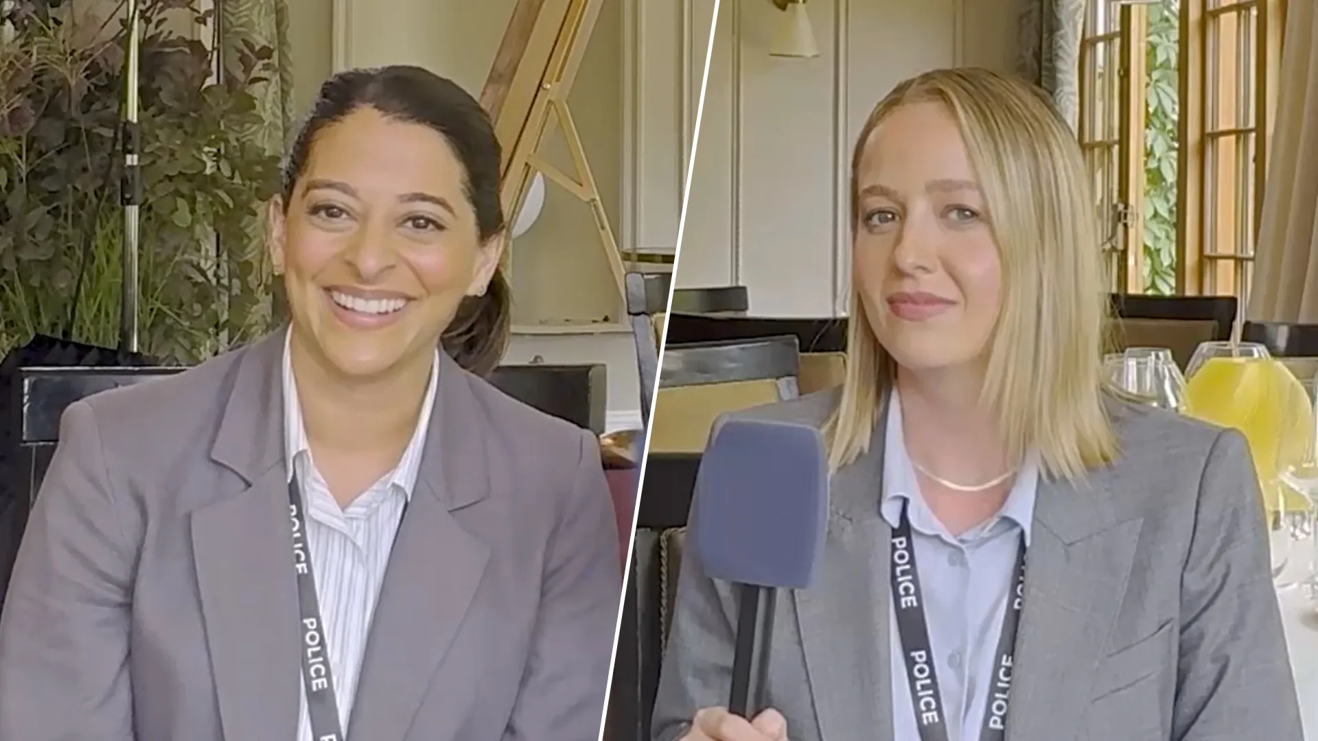 Natalie Dew and Holli Dempsey behind the scenes of The Marlow Murder Club Season 3 on MASTERPIECE on PBS.