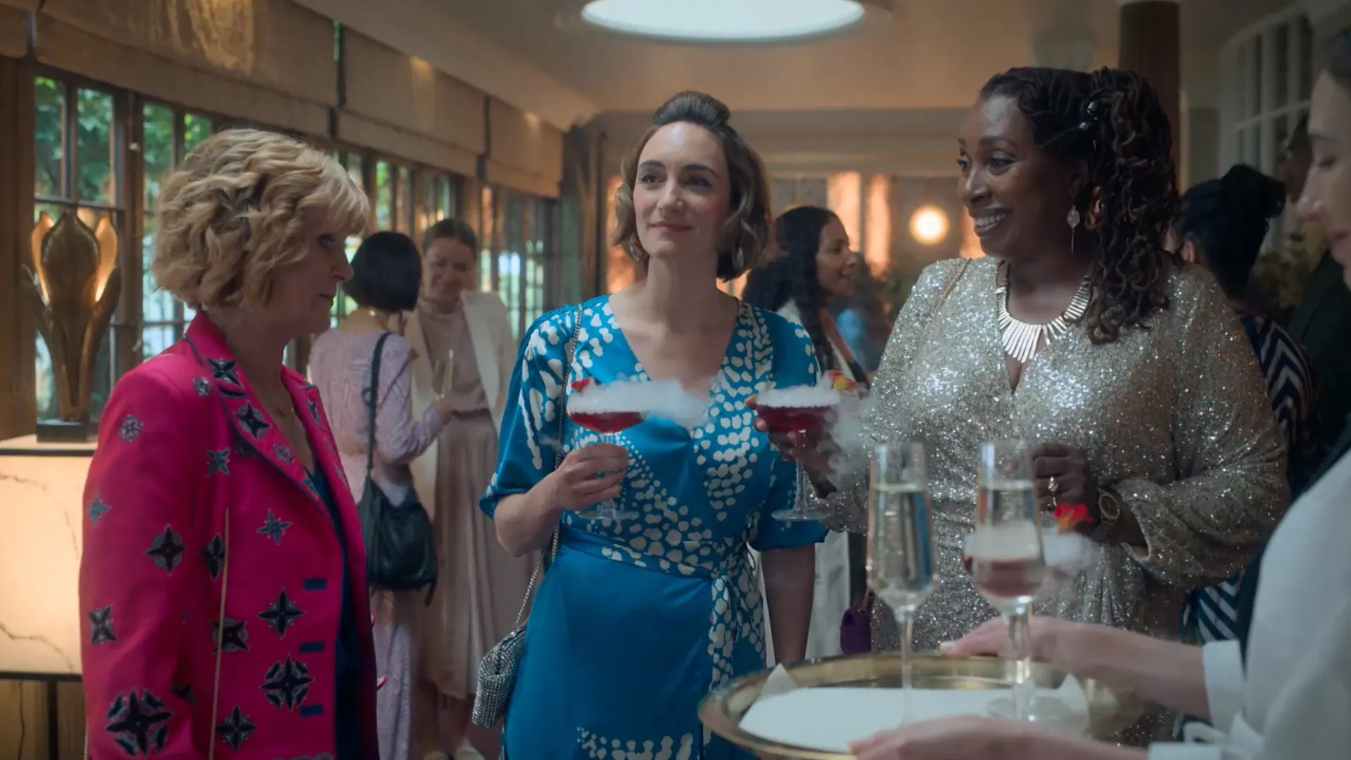 Samantha Bond, Cara Horgan, and Jo Martin in The Marlow Murder Club Season 3 Episode 5.