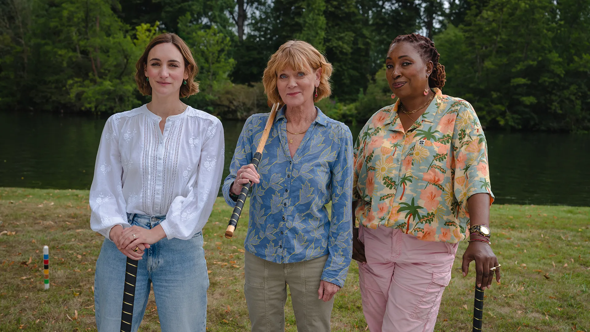 Cara Horgan, Samantha Bond, and Jo Martin in The Marlow Murder Club Season 3.
