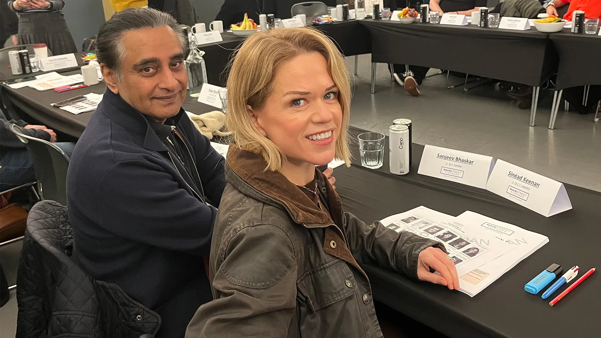 Sanjeev Bhaskar and Sinead Keenan at the readthrough for Unforgotten Season 7.