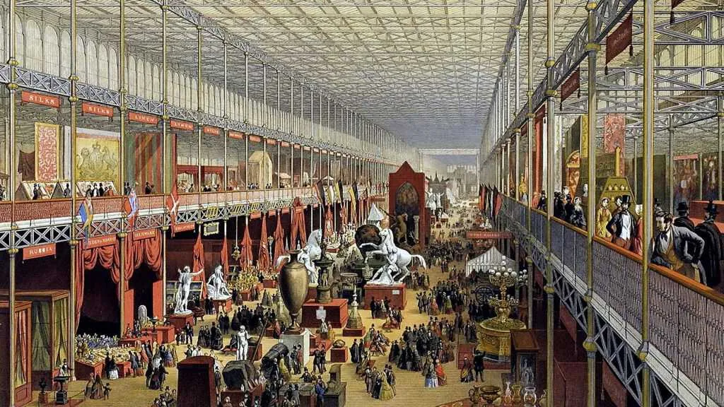 The interior of the Crystal Palace in London during the Great Exhibition of 1851.