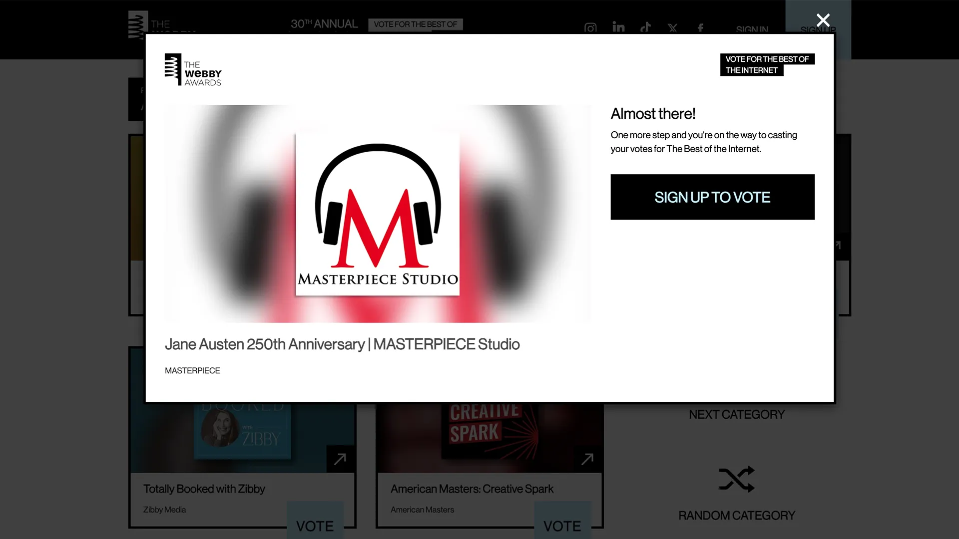 Vote for MASTERPIECE Studio in The 2026 Webby Awards.