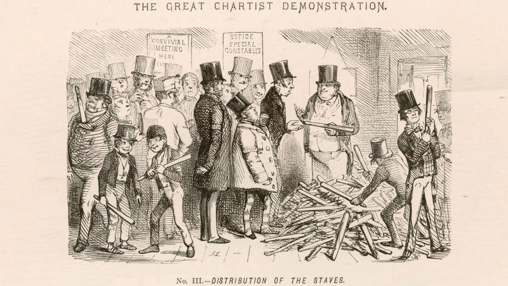 The Great Chartist Demonstration Distribution of the Staves special constables prepare for trouble by handing out truncheons