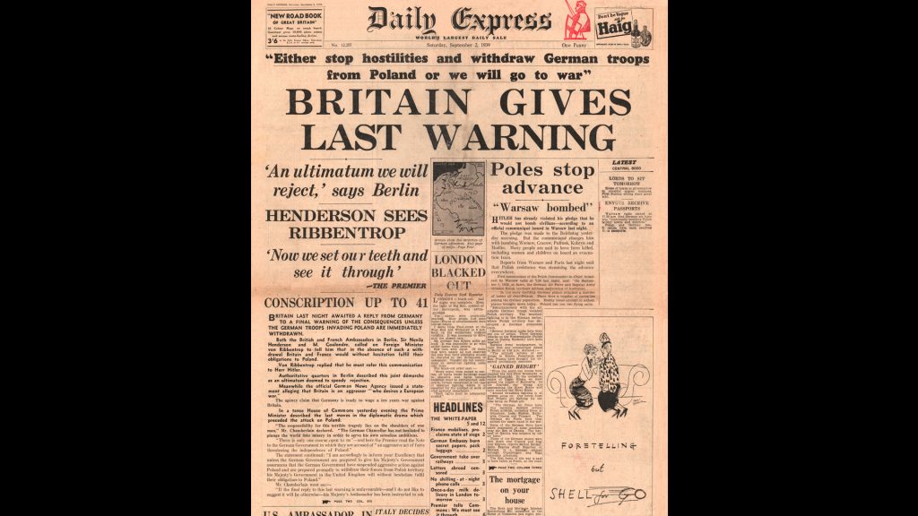 1939 Daily Express front page reporting British ultimatum for Germany to withdraw its troops from Poland