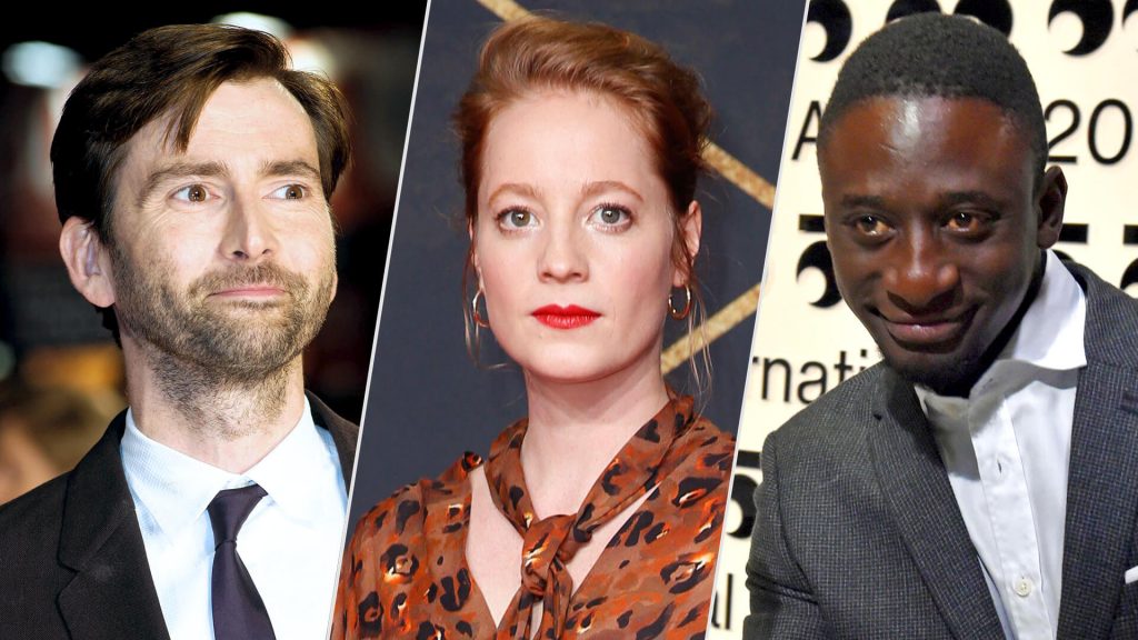 Cast of new adaptation of Jules Verne’s Around the World in 80 Days: actors David Tennant (Phileas Fogg), Leonie Benesch (Miss Abigail Fix) and Ibrahim Koma (Passepartout).
