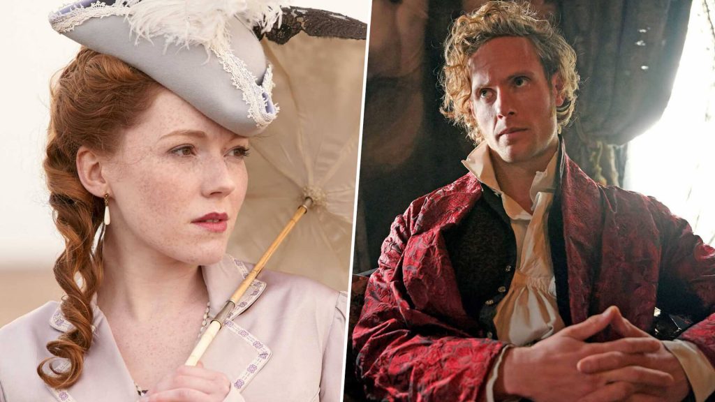Actors Charlotte Spencer as Esther Denham and Jack Fox as Edward Denham in Sanditon on PBS MASTERPIECE.