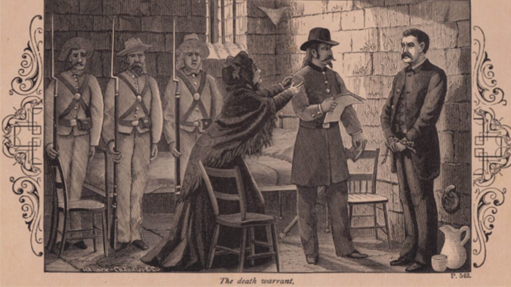 Sketch of Timothy Webster with fellow Union Pinkerton agent, Hattie Lawson before his execution in Richmond, VA for wartime espionage.