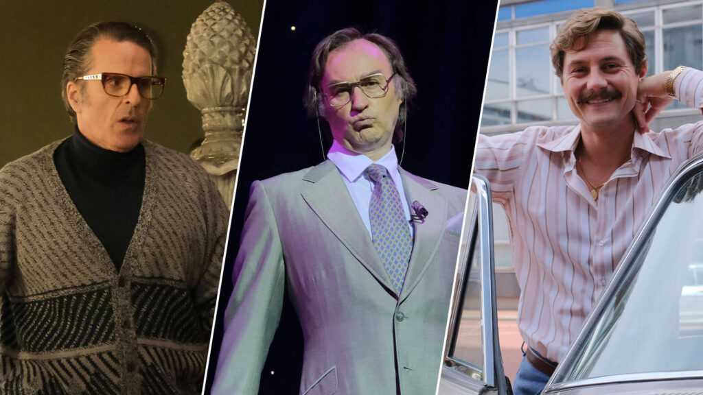 Mark Gatiss as entertainer Larry Grayson, Con O’Neil as Crossroads producer Jack Barton, and Augustus Prew as soap actor Tony Adams in the miniseries Nolly on MASTERPIECE on PBS.