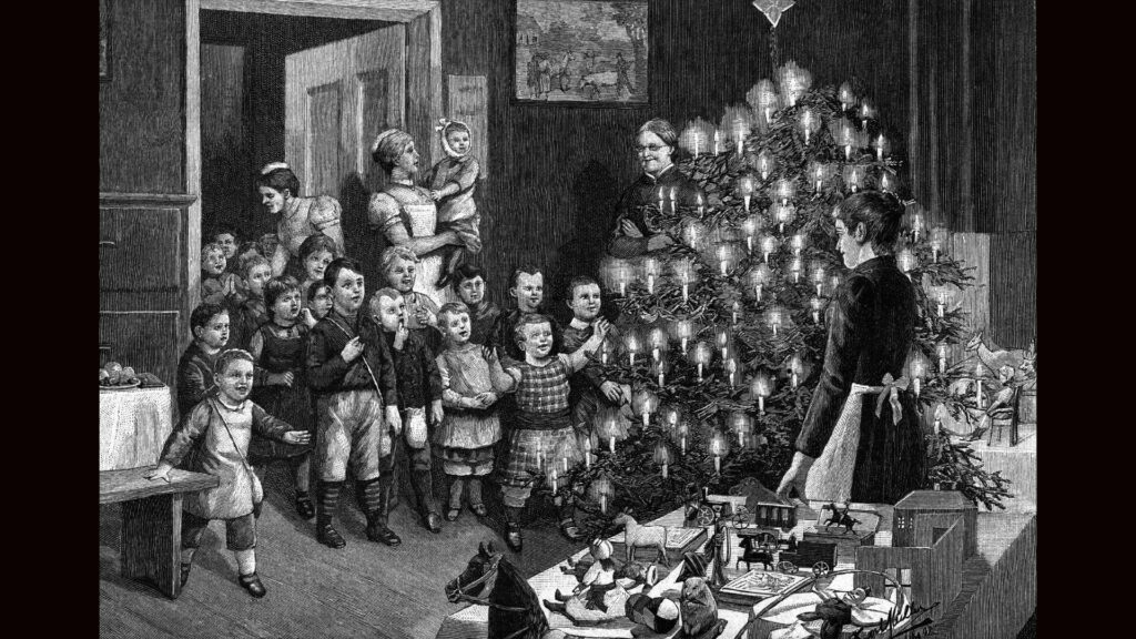Black and white illustration of the Boxing Day distribution of Christmas presents for orphans, circa 1892.