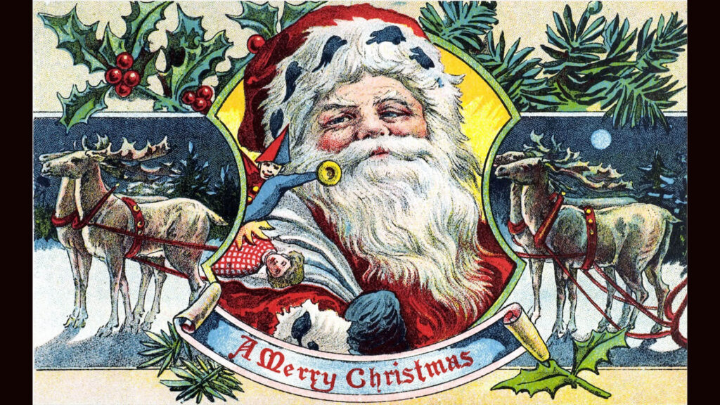 Color illustration of Father Christmas on a 19th century postcard.