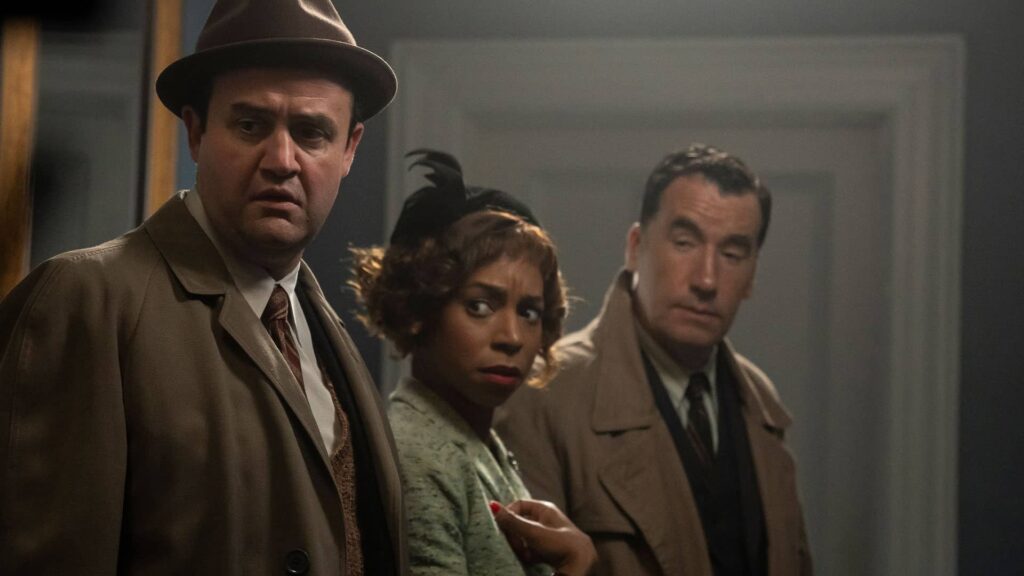 Locke/Chubb (Daniel Mays), Madeline (Pippa Bennett-Warner), and Atticus Pünd (Tim McMullan) in Moonflower Murders
