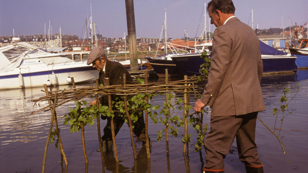 Photo of two men constructing the Penny Hedge in Whitby, Yorkshire County, 1990s.