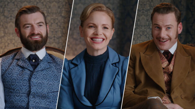 Stuart Martin, Kate Phillips, and Felix Scott behind the scenes of Miss Scarlet and The Duke