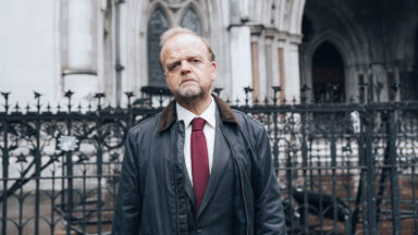 Photo of actor Toby Jones portraying the real-life character of Alan Bates in the miniseries Mr Bates vs The Post Office airing on PBS MASTERPIECE.