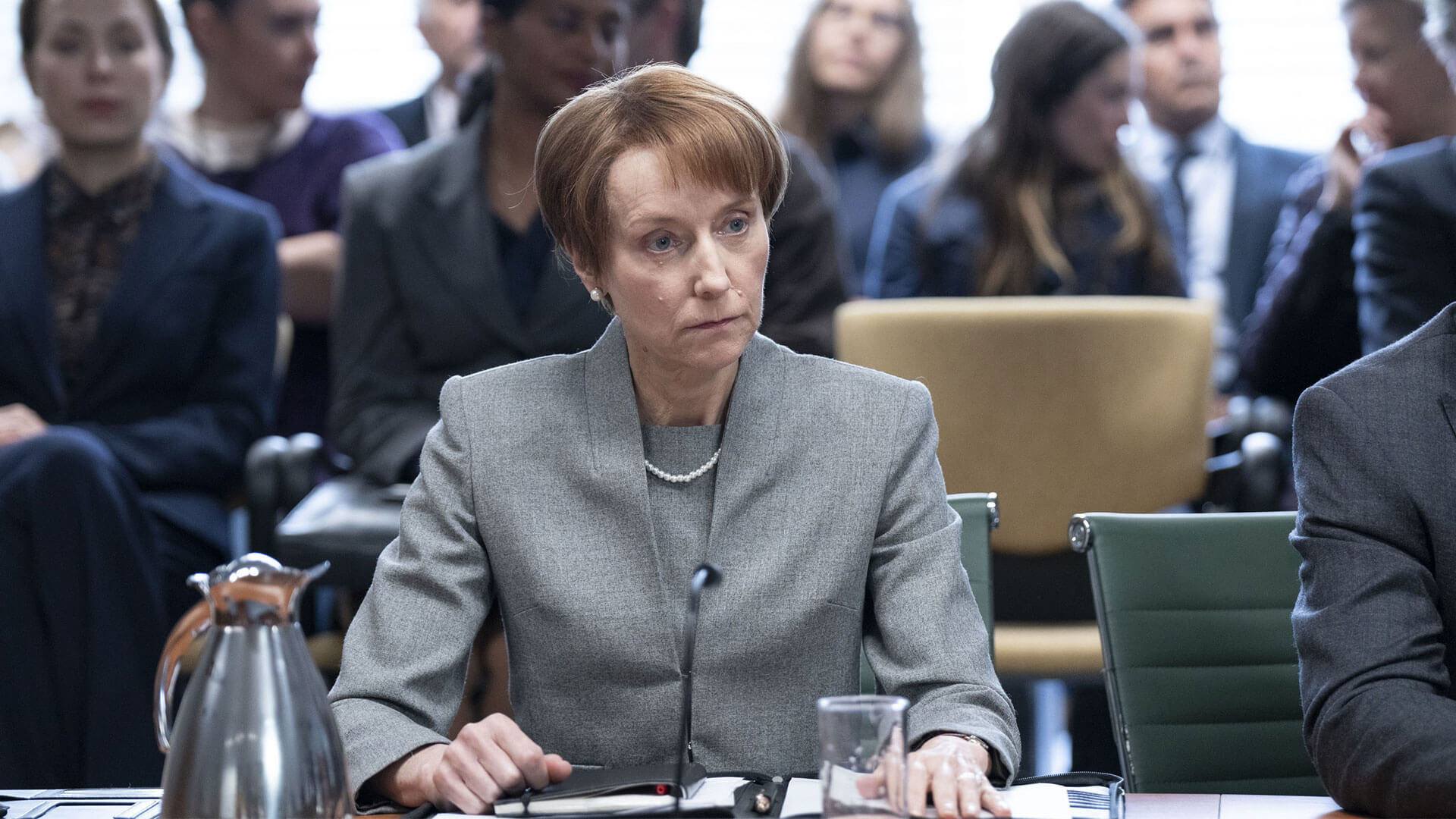 Photo of actor Lia Williams in her role portraying British Post Office executive Paula Vennells in Mr Bates vs The Postman, a miniseries on MASTERPIECE on PBS.