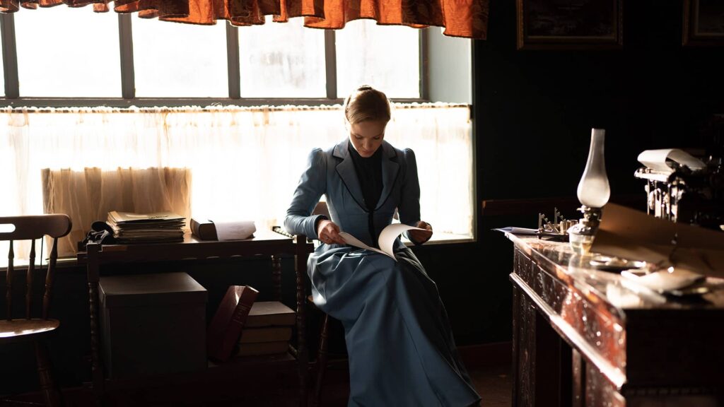 Kate Phillips reading behind the scenes of Miss Scarlet and The Duke Season 4