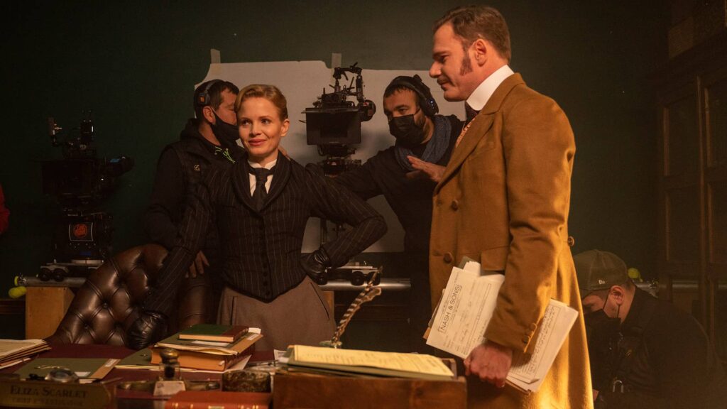 Kate Phillips, Felix Scott and crew behind the scenes of Miss Scarlet and The Duke Season 4