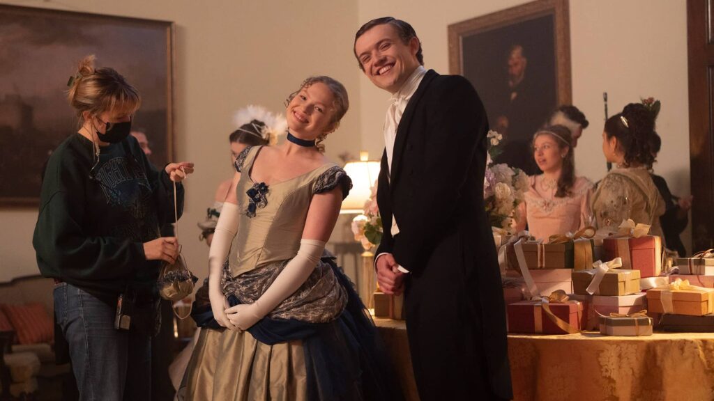Laura Marcus and Matt Olsen behind the scenes of Miss Scarlet and The Duke Season 4 Episode 3