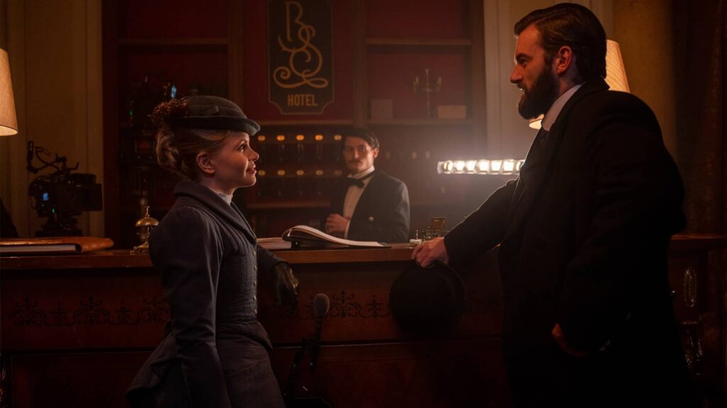 Kate Phillips and Stuart Martin behind the scenes of Miss Scarlet and The Duke Season 4