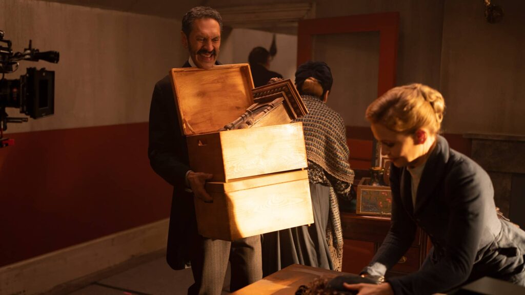 Paul Bazely and Kate Phillips behind the scenes of Miss Scarlet and The Duke Season 4