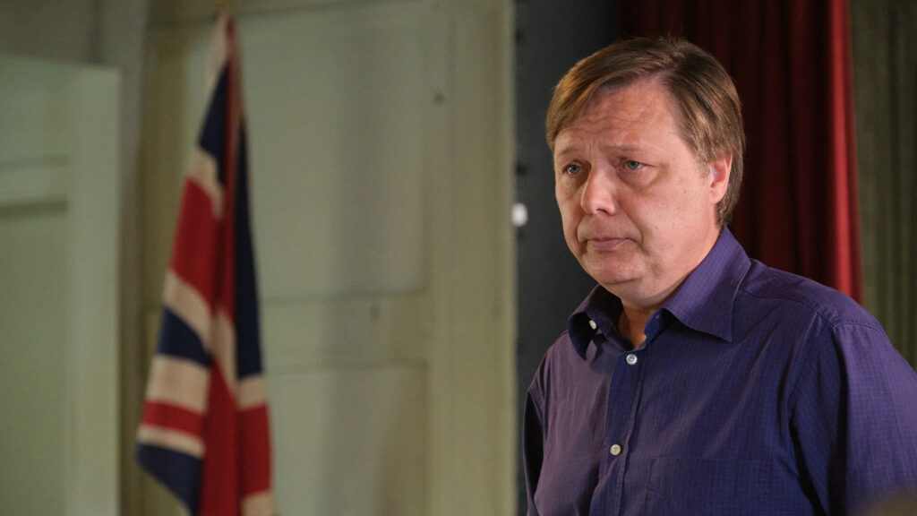 Actor Shaun Dooley as former union rep Michael Rudkin in a scene from Mr Bates vs The Post Office on PBS MASTERPIECE.