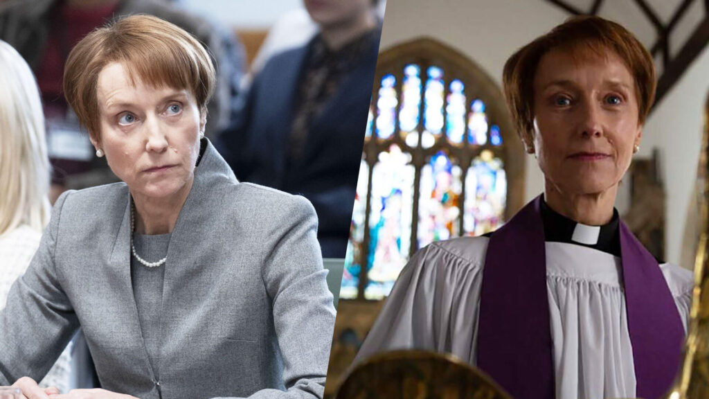 Actor Lia Williams portraying British Post Office CEO Paula Vennells (on left as CEO and on right as part-time Anglican priest) in scenes from Mr Bates vs The Post Office on PBS MASTERPIECE.
