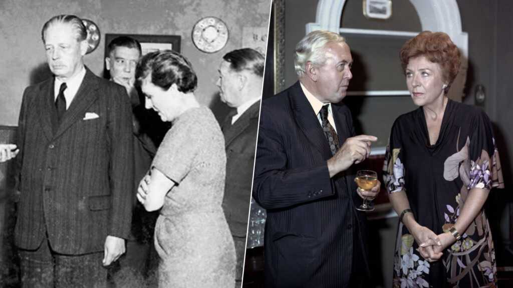 Two photographs side by side. On left is UK Prime Minister Harold Macmillan being interviewed by Noele Gordon. On right is Prime Minister Harold Wilson with Noele Gordon on the set of her British soap, Crossroads.