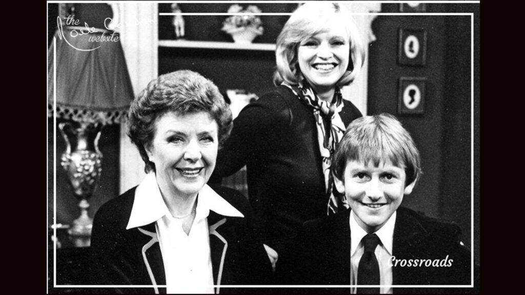 Black and white photo of (left to right), Crossroads actors Noele Gordon (as Meg Richardson), Jane Rossington (as Jill Richardson), and Roger Tonge (as Sandy Richardson).