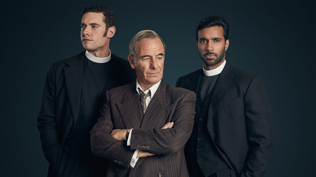 Tom Brittney as Will, Robson Green as Geordie, and Rishi Nair as Alphy in Grantchester Season 9