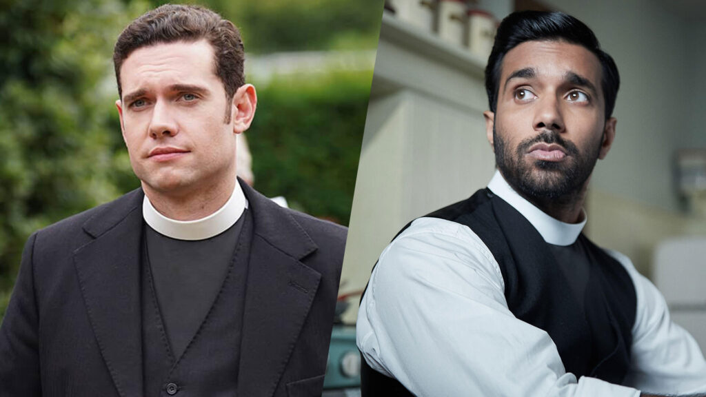 Actors Tom Brittney as Rev. Will Davenport (left) and Rishi Nair as Rev. Alphy Kottaram in Season 9 of Grantchester on PBS MASTERPIECE.