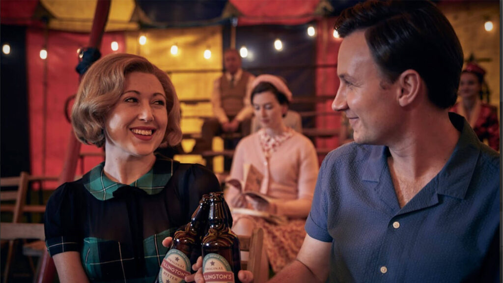Actors Melissa Johns and Bradley Hall as Miss Scott and DI Larry Peters in Grantchester on PBS MASTERPIECE.