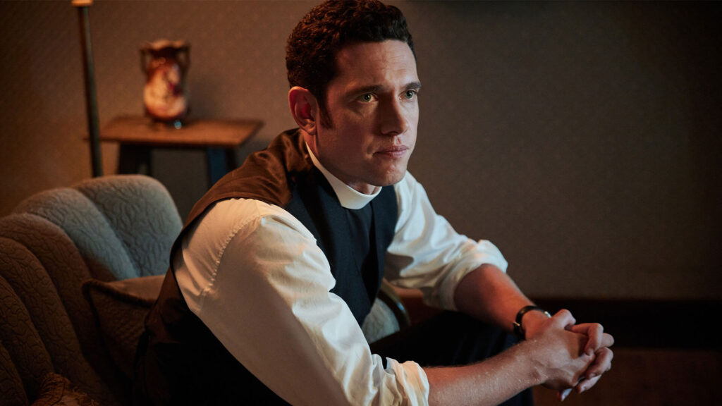 Photo of actor Tom Brittney in his role as Rev. Will Davenport in Grantchester on PBS MASTERPIECE.