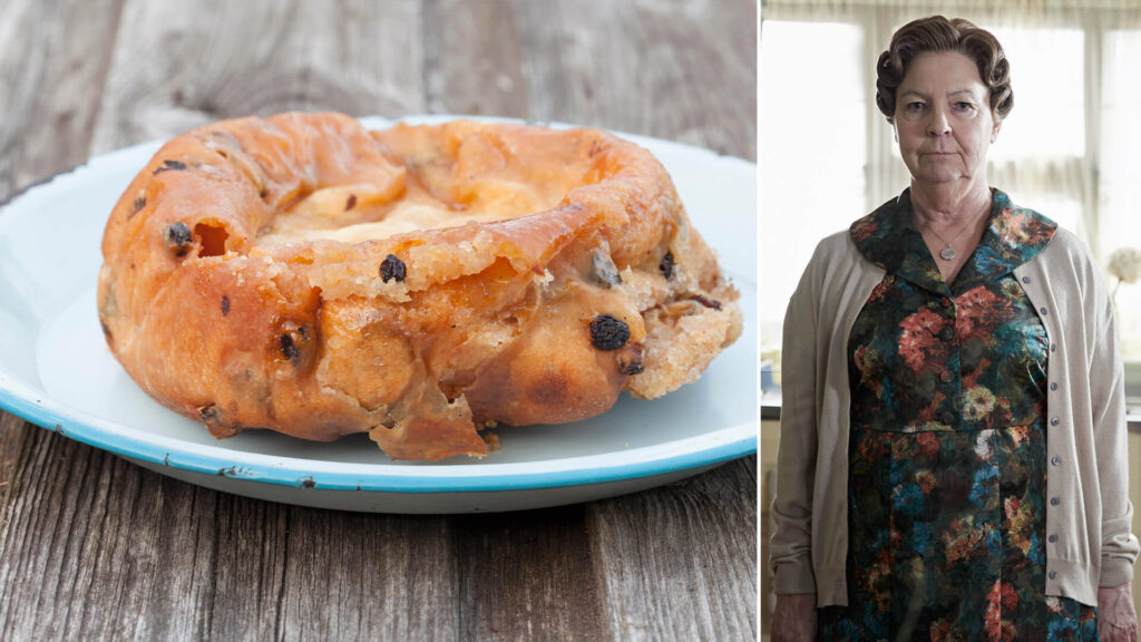 Color photographs of British lardy cake (left) and actor Tessa Peake-Jones as Mrs. Chapman in the crime series Grantchester on PBS MASTERPIECE.