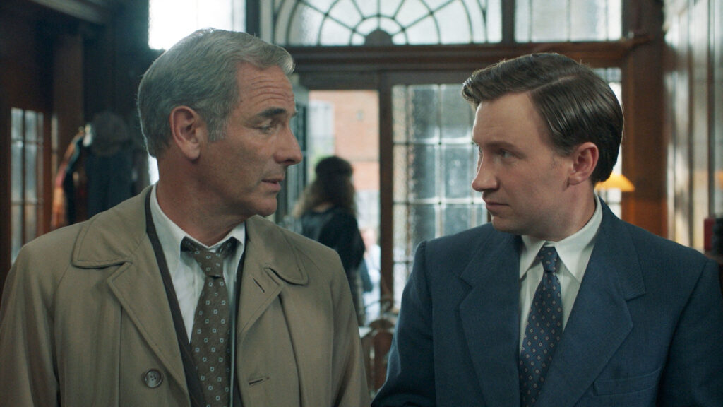 Actors Robson Green (left) and Bradley Hall in character as DI Geordie Keating and DS Larry Peters in a scene from the PBS MASTERPIECE period crime drama, Grantchester.