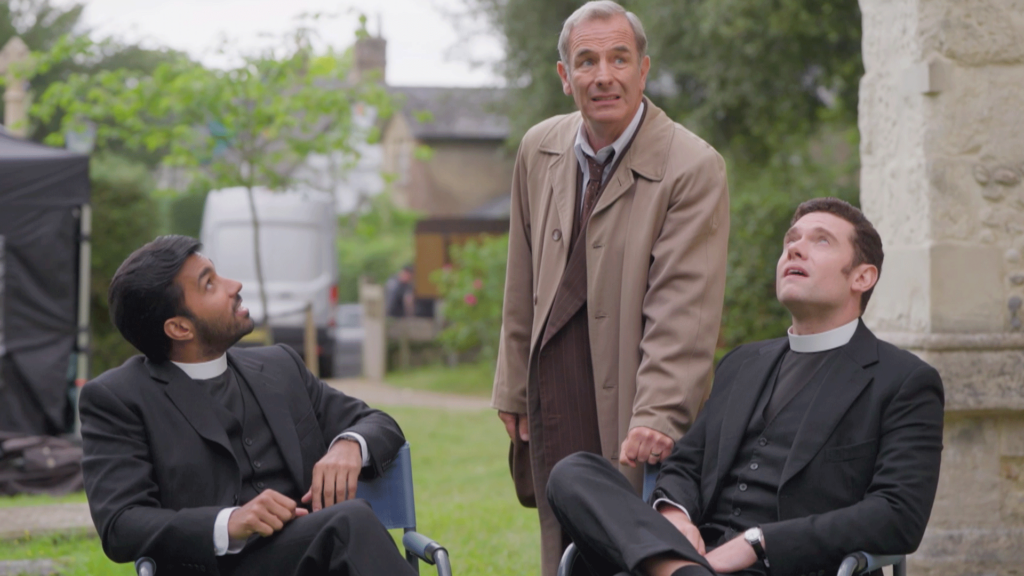 Rishi Nair, Robson Green, and Tom Brittney behind the scenes of Grantchester Season 9