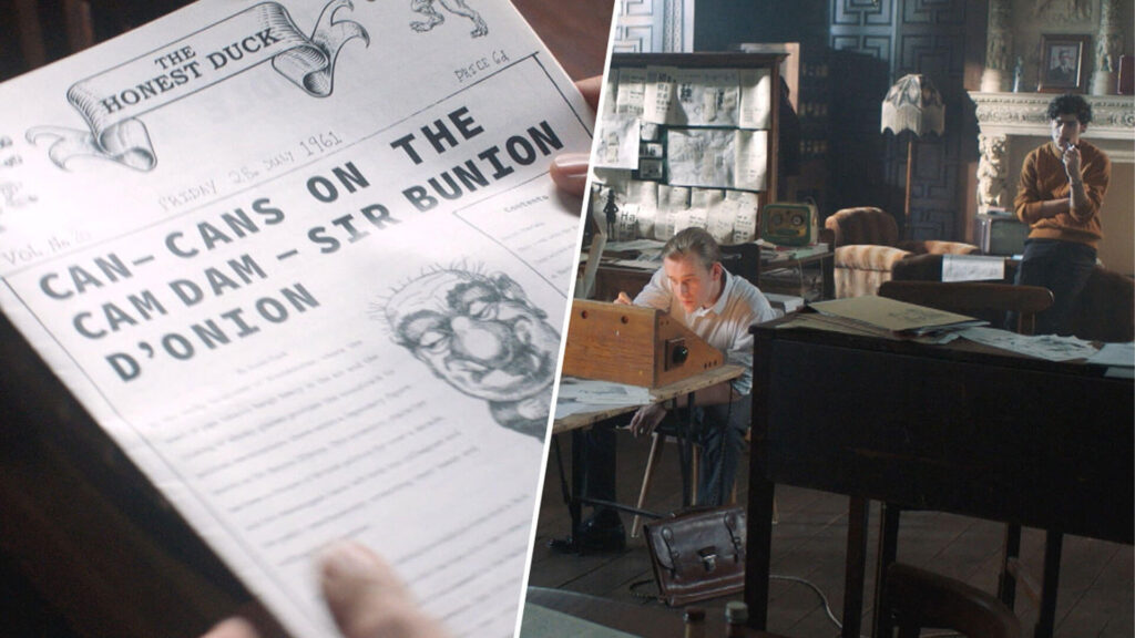 Split screen image of scene from Grantchester on MASTERPIECE Mystery! with (fictitious) student newspaper called The Honest Duck on left and student editors on right.
