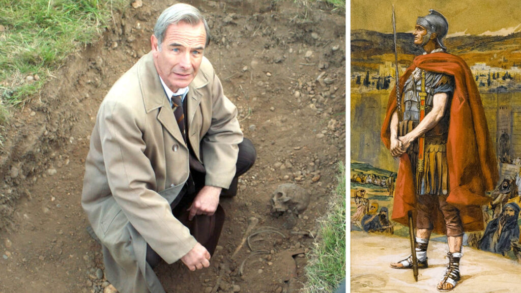Paired image with a scene from Grantchester on PBS MASTERPIECE on left, featuring actor Robson Green as DI Geordie Keating, and on right, color artwork of a Roman Legionnaire soldier AD 70.