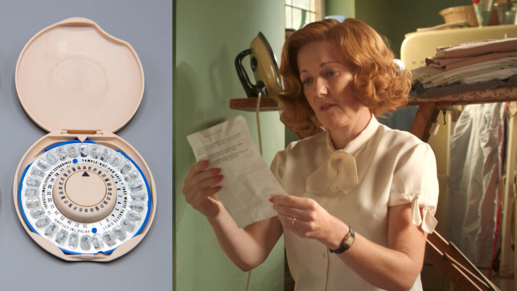 Split image photograph with 1960s era blister pack for oral contraceptives (left) and actor Kacey Ainsworth portraying Cathy Keating from the crime series Grantchester on PBS MASTERPIECE (right).