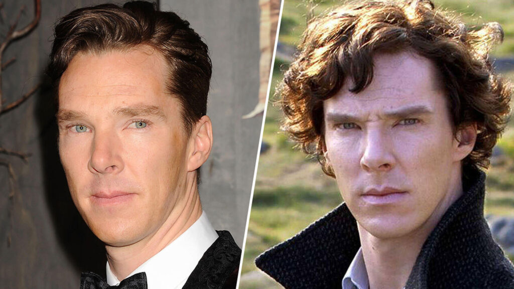 Paired color photographs of actor Benedict Cumberbatch (left) and his character Sherlock Holmes (right) as portrayed on Sherlock on PBS MASTERPIECE.