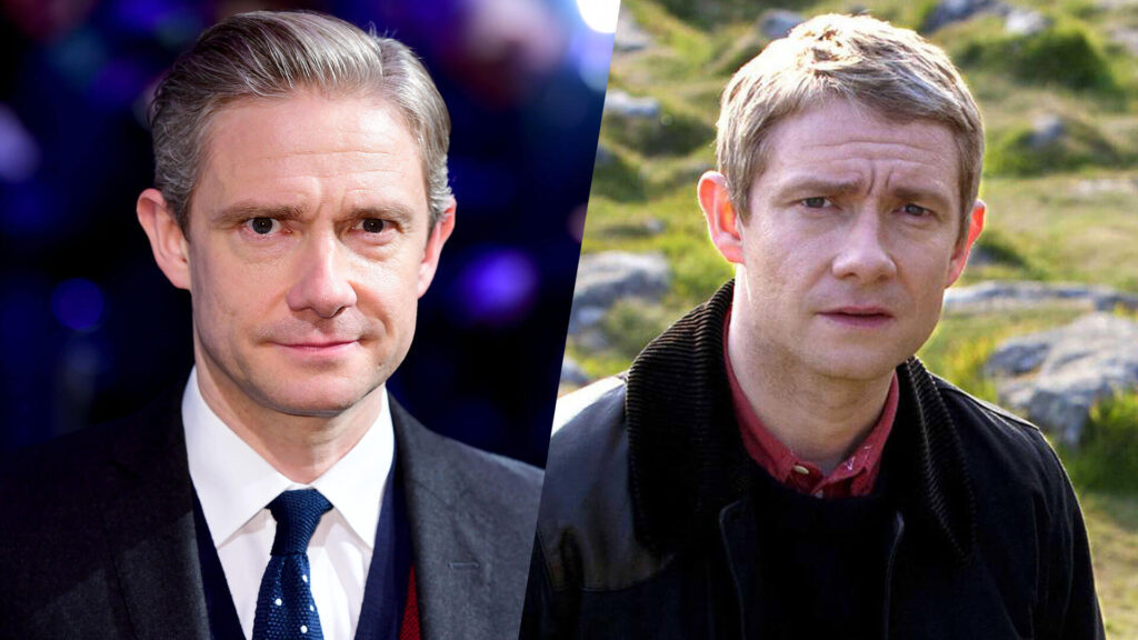 Paired color photographs of actor Martin Freeman (left) and his character Dr. John Watson (right) as portrayed on Sherlock on PBS MASTERPIECE.
