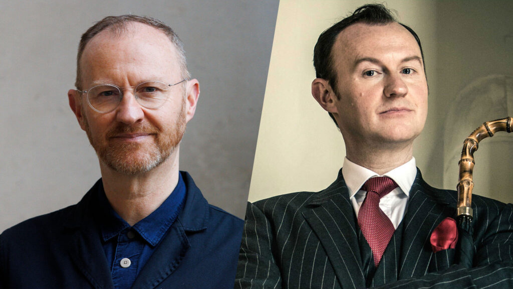 Paired color photographs of actor Mark Gatiss (left) and his character Mycroft Holmes (right) as portrayed on Sherlock on PBS MASTERPIECE.